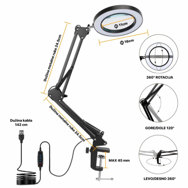 Stona LED lampa sa lupom HQ crna