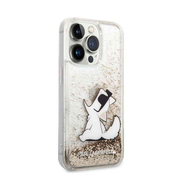 Torbica Karl Lagerfeld Hc Liquid Glitter Choupette za iPhone 14 Pro 6.1 zlatna (KLHCP14LGCFD)