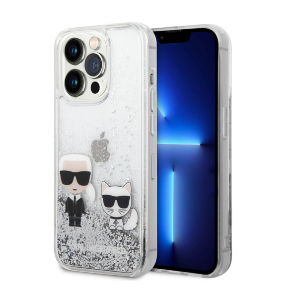 Torbica Karl Lagerfeld Hc Liquid Glitter Karl&Choupette za iPhone 14 Pro 6.1 srebrna (KLHCP14LGKCS)