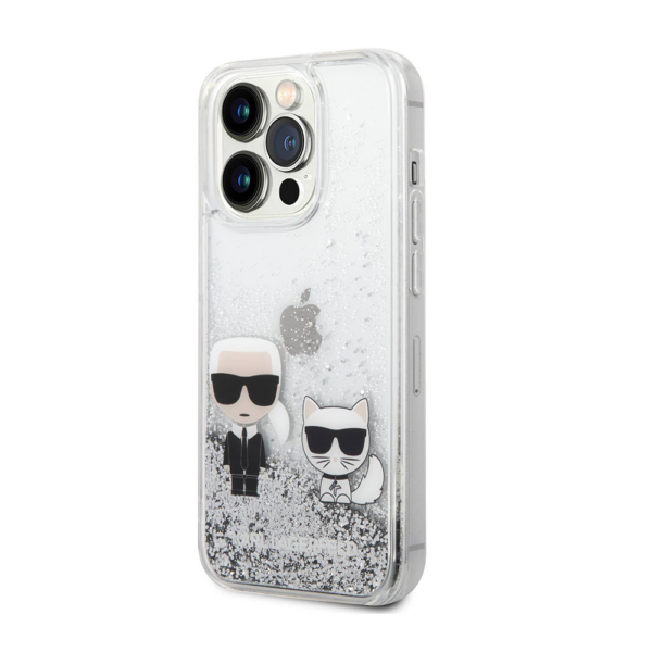 Torbica Karl Lagerfeld Hc Liquid Glitter Karl&Choupette za iPhone 14 Pro 6.1 srebrna (KLHCP14LGKCS)