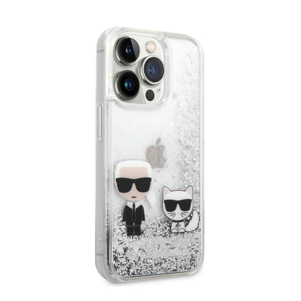 Torbica Karl Lagerfeld Hc Liquid Glitter Karl&Choupette za iPhone 14 Pro 6.1 srebrna (KLHCP14LGKCS)