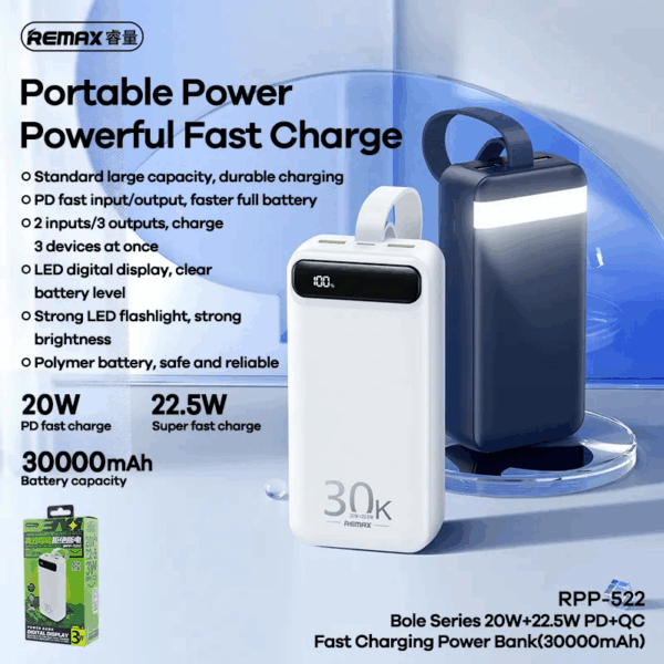 Back up baterija REMAX Bole Series RPP-522 PD QC 20W 22.5W 30000mAh plava