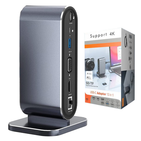 Adapter Type C na LAN Gb, SD card, TF, PD, Type C, 4xUSB 3.0, Audio, HDMI i VGA 12 u 1 sa postoljem