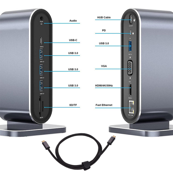 Adapter Type C na LAN Gb, SD card, TF, PD, Type C, 4xUSB 3.0, Audio, HDMI i VGA 12 u 1 sa postoljem