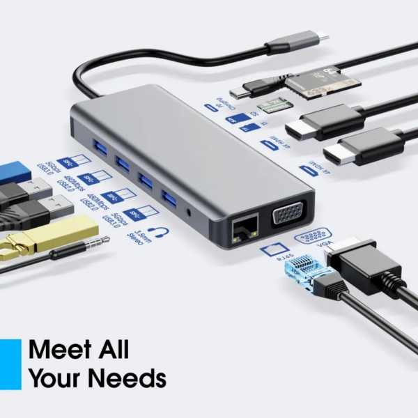 Adapter Type C na LAN Gb, SD card, TF, Type C, 3xUSB 3.0, USB 2.0, Audio, 2xHDMI i VGA 12 u 1 20cm kabl HUB