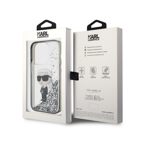 Torbica Karl Lagerfeld Hc Liquid Glitter Ikonik za iPhone 15 Pro 6.1 transparent (KLHCP15LLKKNSK)