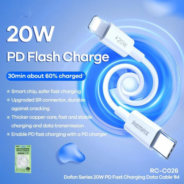 Data kabl REMAX Dofon Series 20W PD Fast Charging 1M RC-C026 Type C na iPhone lightning beli