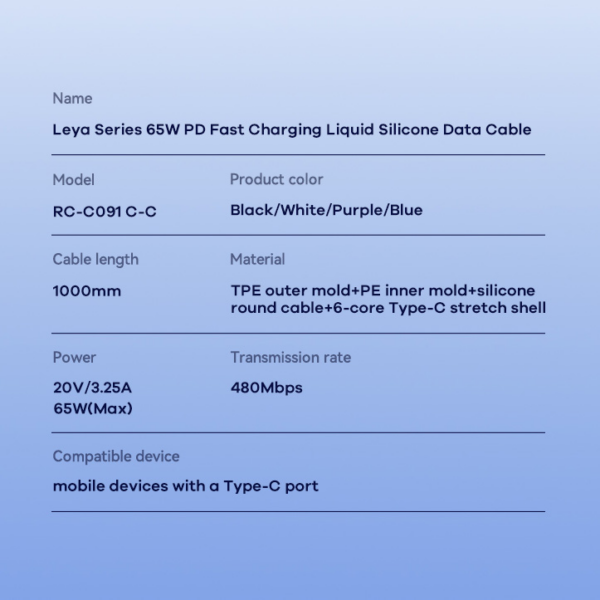 Data kabl REMAX Leya Series PD 65W Fast Charging RC-C091 Type C na Type C crni