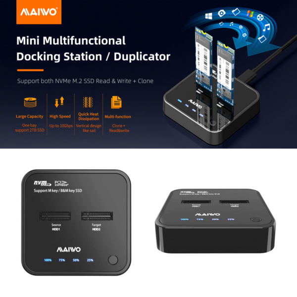 Docking station MAIWO K3016P2, Type C 3.2 na 2x M.2 NVMe clone crni