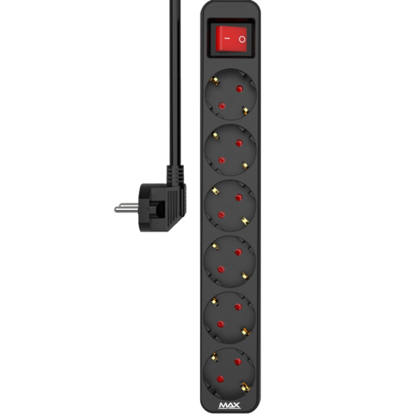 Produzni kabl sa prenaponskom zastitom/prekidac/indikator 6 uticnice 1.4m Max MPS-106SOPB-1.4M crni