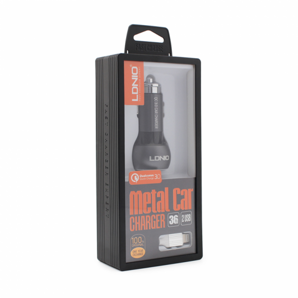 Auto punjac LDNIO 3.6V 3.0A sa iPhone kablom za brzo punjenje i 2 USB-a crni
