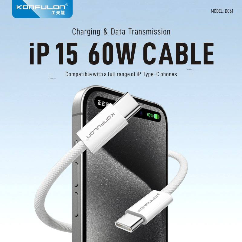 13102024670ba2008d3ea.png Data kabl KONFULON DC61 PD 60W Super Fast Charge za iPhone 15 Type C na Type C beli 1m - Slika 1