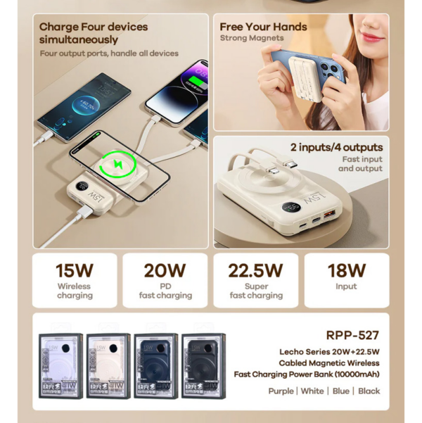 Power bank Magsafe REMAX Lecho Series RPP-527 PD 20W + QC 22.5W Fast Charging 10000mAh crni