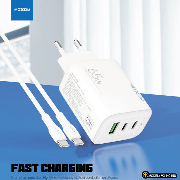 Brzi punjač sa kablom 65w sa 3 USB izlaza Moxom - Image 1