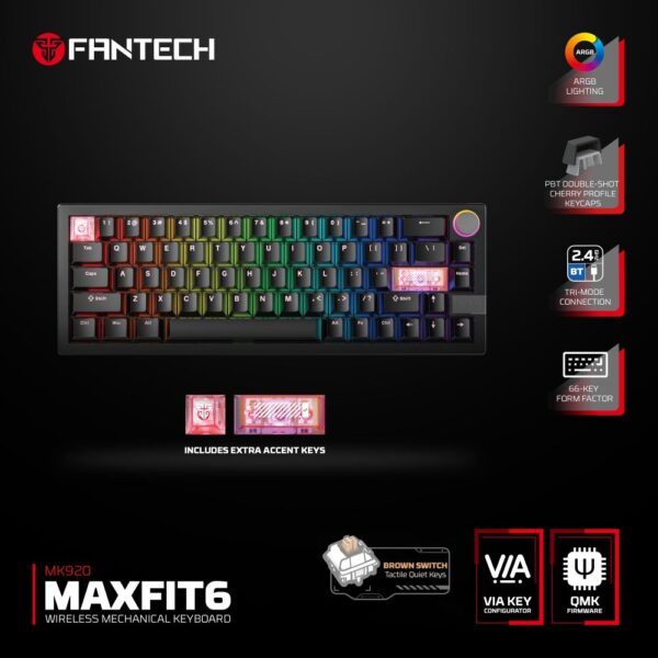 Tastatura Mehanicka Gaming Fantech MK920 RGB Maxfit 6 Wireless black (Brown switch) - Image 1