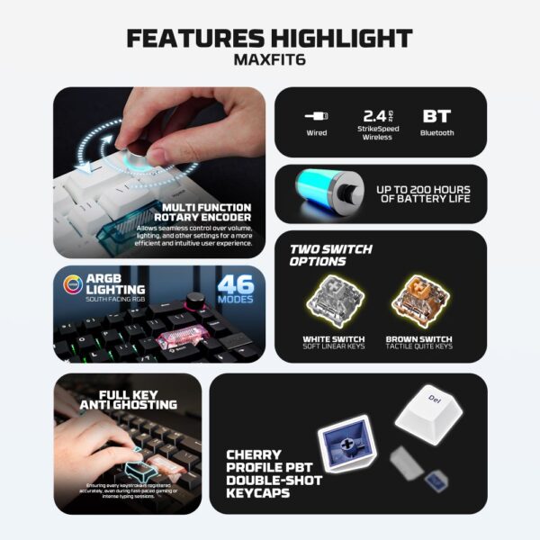 Tastatura Mehanicka Gaming Fantech MK920 RGB Maxfit 6 Wireless black (Brown switch) - Image 11