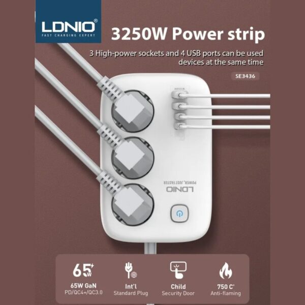 Produzni kabl LDNIO 3 uticnice + 2xUSB QC 60W, 2xPD 65W 2m beli - Slika 5