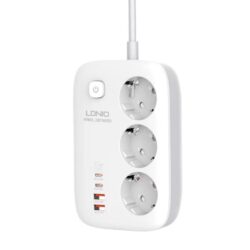 Produzni kabl LDNIO 3 uticnice + 2xUSB QC 60W, 2xPD 65W 2m beli