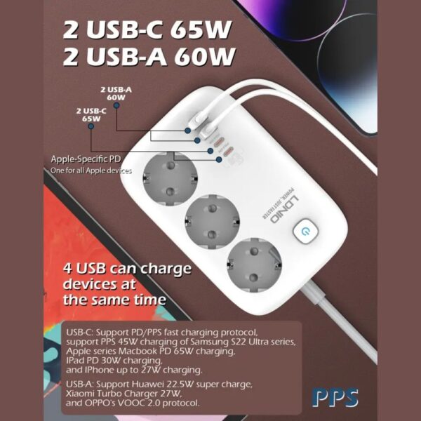 Produzni kabl LDNIO 3 uticnice + 2xUSB QC 60W, 2xPD 65W 2m beli - Slika 3