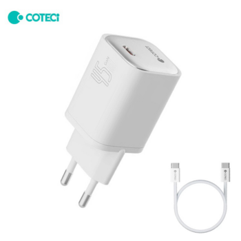 Kucni punjac Coteci 45W GaN sa PD na Type C kablom beli